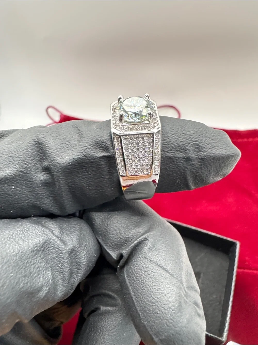 Silver Men's Ring with White Stones - Rhodium